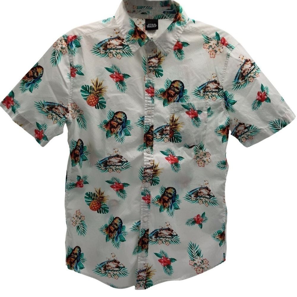 Star Wars Chewbacca Hawaiian Collared Button Up Short Sleeve Mens Sz SM Shirt‎